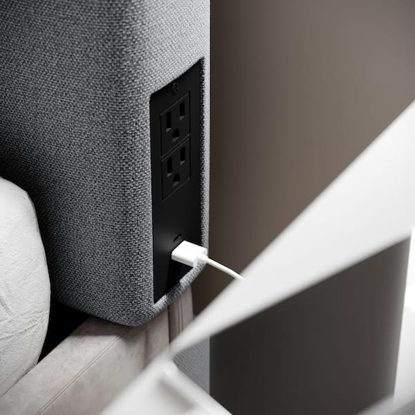 Carnegy Avenue Hugo Twin Headboard with 2-Power Outlets, 1-USB and 1-USB Type-C Port with Faux Linen Upholstery in Gray