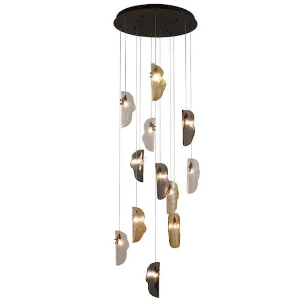 Unbranded Taha 12-Light Black Chandelier With Clear, Smoke, and Amber Glass Accents