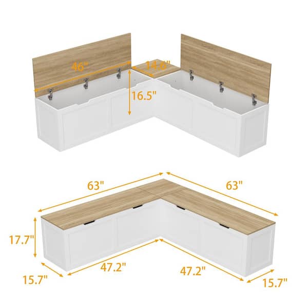 FUFU&GAGA 63 in. W White and Wood Grain Entryway Dining Bench