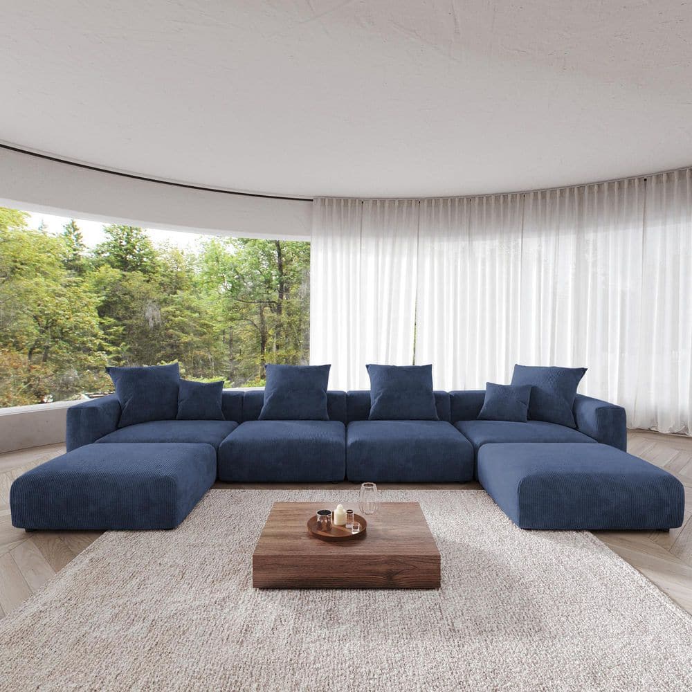 181.10 in. Square Arm 6‑piece Corduroy Modular with Removable Covers and Compressed Foam Sectional Sofa in Blue