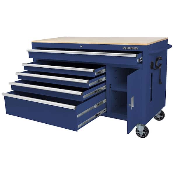 56 in. W 5-Drawer 1-Door, Deep Tool Chest Mobile Workbench in Gloss Blue with Hardwood Top 56 in. W 5-Drawer 1-Door, Deep Tool Chest Mobile Workbench in Gloss Blue with Hardwood Top