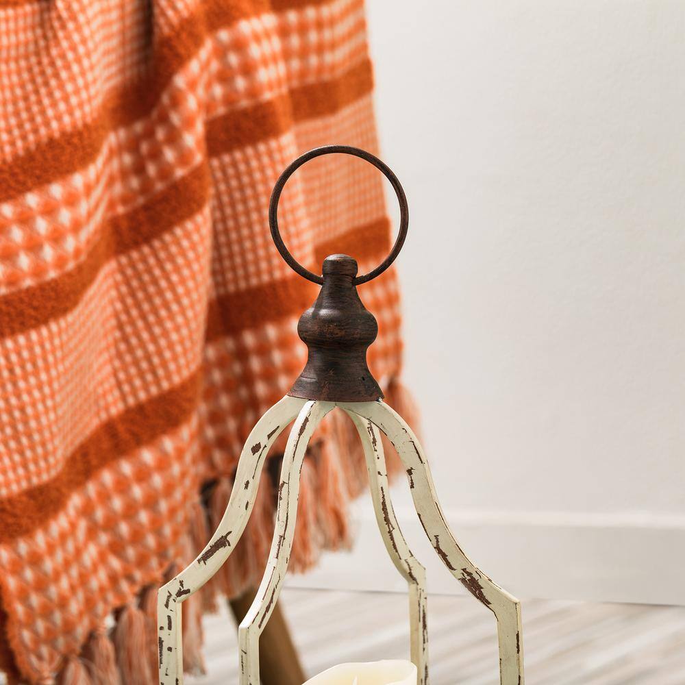 Distressed White and Brown Metal Hanging Candle Lanterns Set of 2
