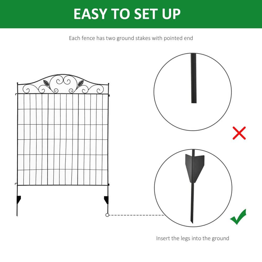 Elegant Black Metal Garden Fence Panels, 4 Pack, 44 x 36-Inch