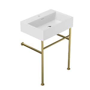 24 in. Ceramic White Single Bowl Console Sink Basin and Gold Legs Combo with Overflow