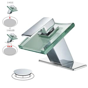 Glass Spout Waterfall Single Hole Single Handle Bathroom Sink Faucet With Pop Up Drain With Overflow In Polished Chrome