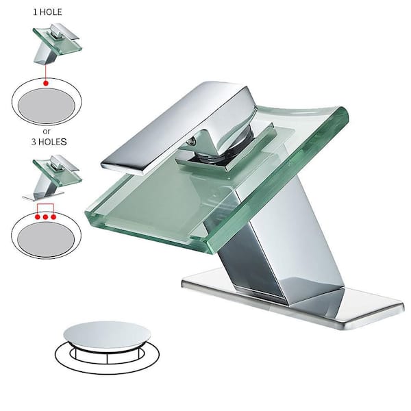 BWE Glass Spout Waterfall Single Hole Single Handle Bathroom Sink Faucet With Pop Up Drain With Overflow In Polished Chrome