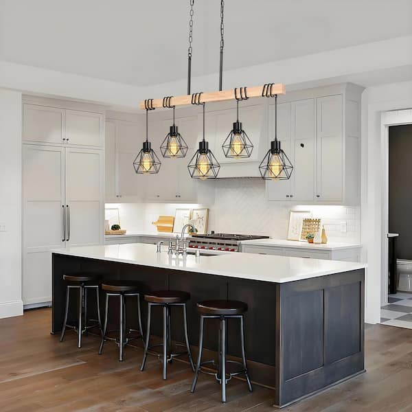 Rviezza Farmhouse 5-Light Matte Black and Natural Wood Linear