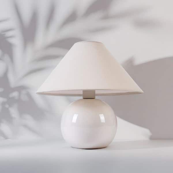 Fiona LED Glossy Cream Ceramic Midcentury Round Globe Bedside Nightstand Desk Lamp with Cream Cotton Empire Shade