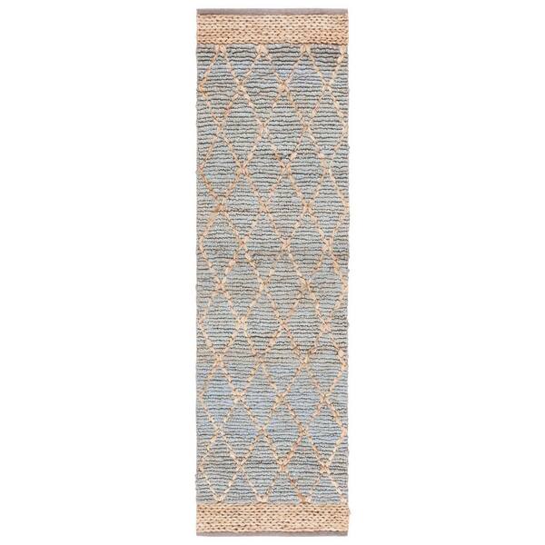 SAFAVIEH Natural Fiber Light Blue 3 ft. x 12 ft. Border Multi-Diamond Runner Rug