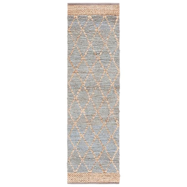 SAFAVIEH Natural Fiber Light Blue 3 ft. x 8 ft. Border Multi-Diamond Runner Rug