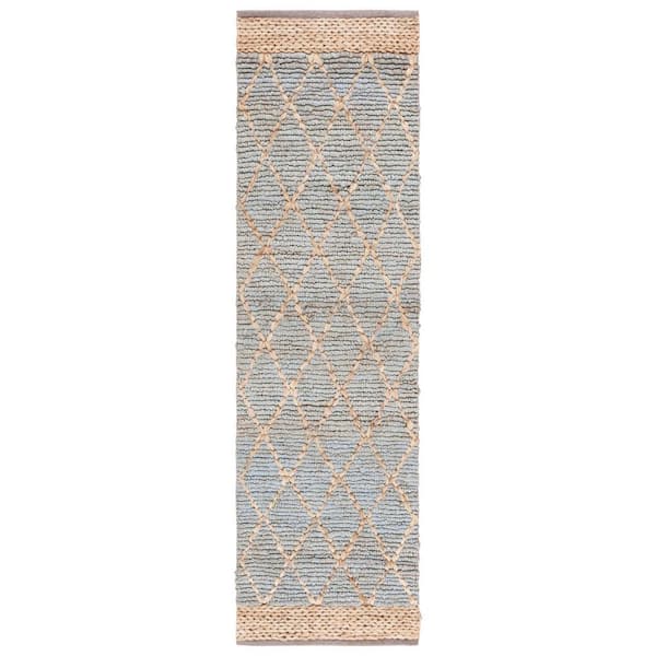 SAFAVIEH Natural Fiber Light Blue 3 ft. x 8 ft. Border Multi-Diamond Runner Rug