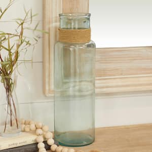 18 in. Clear Spanish Recycled Glass Decorative Vase with Wrapped Rattan Neck Detail