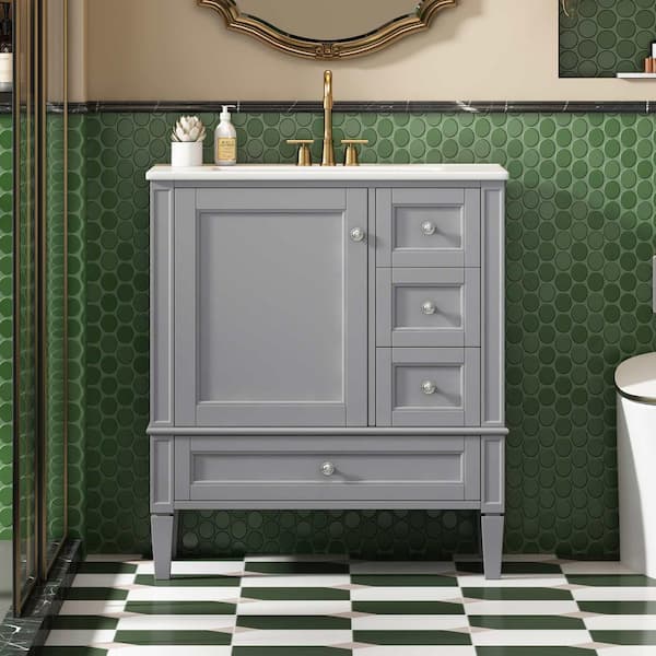 30 in. Freestanding Grey Bath Vanity with White Ceramic Top, 3-Drawers and Solid Wood Frame