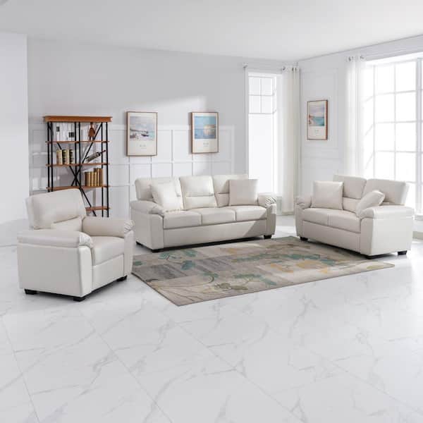 Garrin Series 3 Pieces White PU Leather Living Room Sofa Set