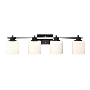 33.25 in. 4-Light Black and Chrome Finish Vanity Light with Etched White Glass Shades