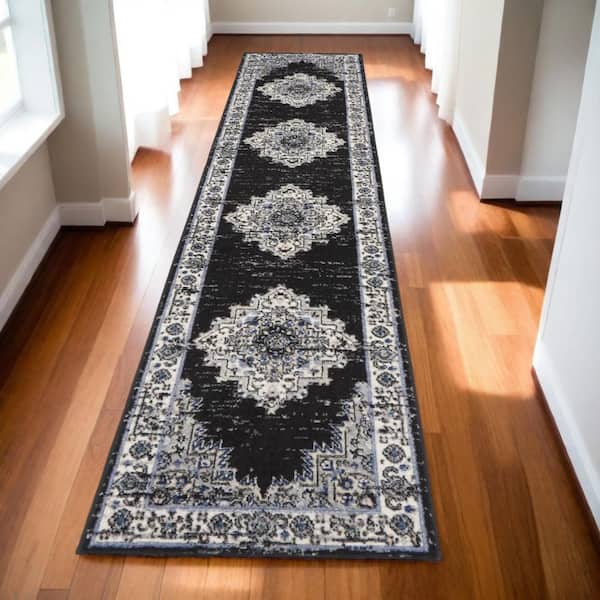 2 X 10 Black Floral Washable Area Rug Runner Rug