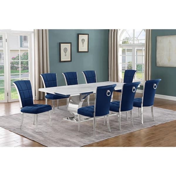 Best Quality Furniture Ibraim 9-Piece Rectangle White Marble Top with Stainless Steel Base Dining Set with 8 Navy Blue Velvet Iron Leg Chairs