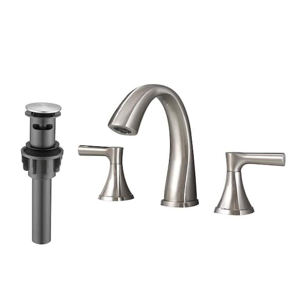 FLG 8 in. Widespread Double Handle Bathroom Faucet with Drain Kit Included Brass Sink Basin Faucets in Brushed Nickel
