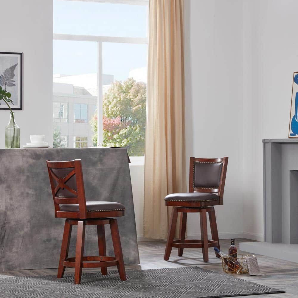 Cappuccino Wood and Metal Swivel Bar Stool with Leather Seat