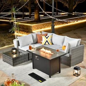 Daffodil J Gray 6-Piece Wicker Patio Outdoor Conversation Sofa Set with Gas Fire Pit and Light Gray Cushions