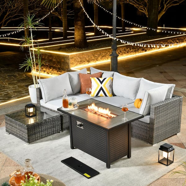 weaxty W Daffodil J Gray 6-Piece Wicker Patio Outdoor Conversation Sofa Set with Gas Fire Pit and Light Gray Cushions