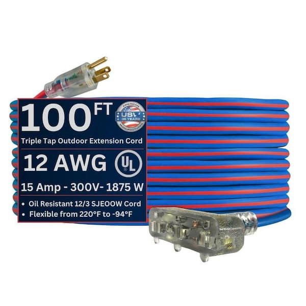 Extreme 100 ft. 12 / 3 Cold Weather Indoor/Outdoor Extension Cord with Tri-Tap and Lighted End, Blue