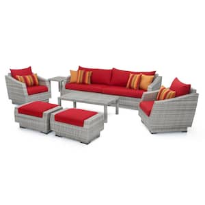 Cannes 8-Piece All-Weather Wicker Patio Sofa and Club Chair Conversation Set with Sunset Red Cushions