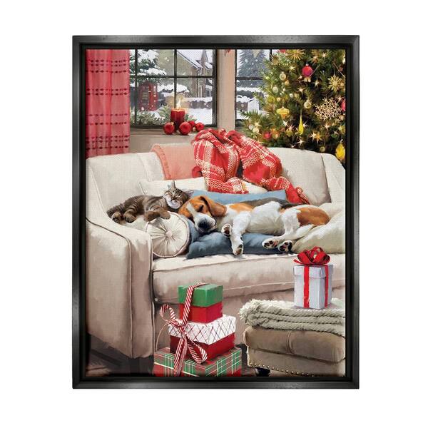 Stupell Industries Pets on Holiday Couch by Jason Kirk 1-Piece Floater Frame Graphic Print Animal Poster Art Print 21 in. x 17 in.