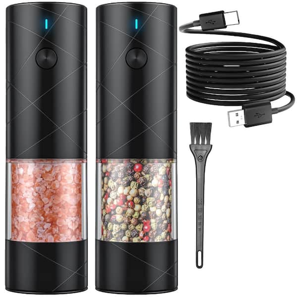 2-Pack Black Electric Salt and Pepper Mills Set USB Rechargeable with Warm LED Light, for Kitchen Restaurant Outdoor Use