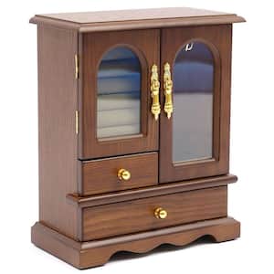 Retro Wooden Jewelry Box with 2 Drawers and Glass Door