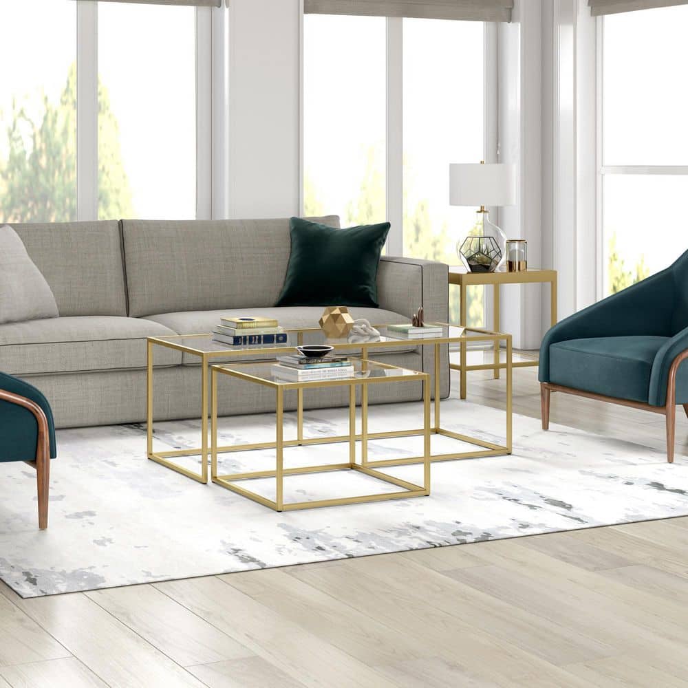 Kennedy Brass Finish Rectangular Nesting Coffee Table with Glass Top