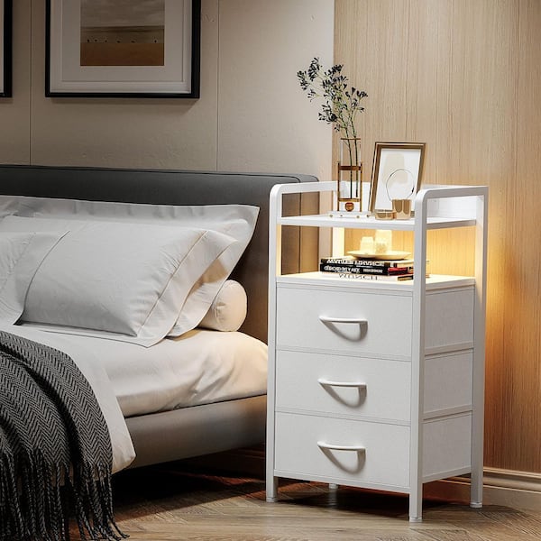 FlexCore White 3-Drawer 15.6 in. W Modern Nightstand with Charging Station and LED Light Strip