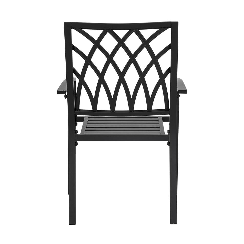 Black Iron Stackable Outdoor Patio Chairs with Lattice Design (2-Pack)