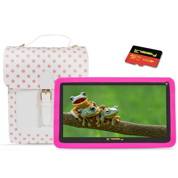 LINSAY 7 in. 64GB Android 13 Tablet with Pink Kids Defender Case, Fashion Bag and 64GB Micro SD Card
