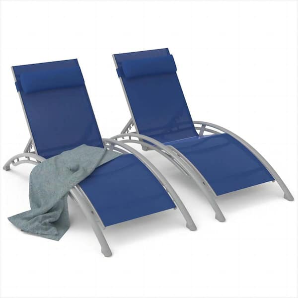 Zeus & Ruta Blue 2-Piece Metal Outdoor Chaise Lounge with Adjustable Backrest and Removable Pillow for Beach Pool Lawn