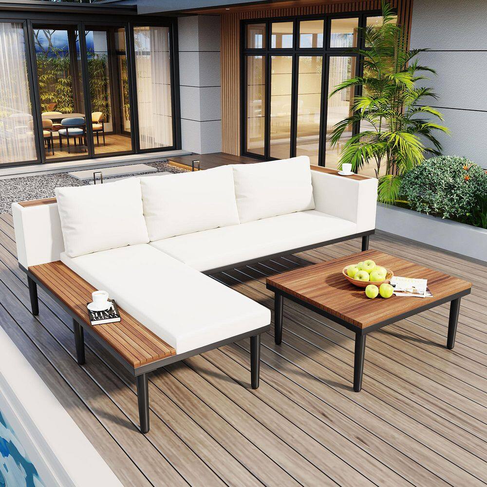 L-Shaped Acacia Wood Outdoor Sectional Set with Beige Cushions and Coffee Table price history on PriceWatchPro