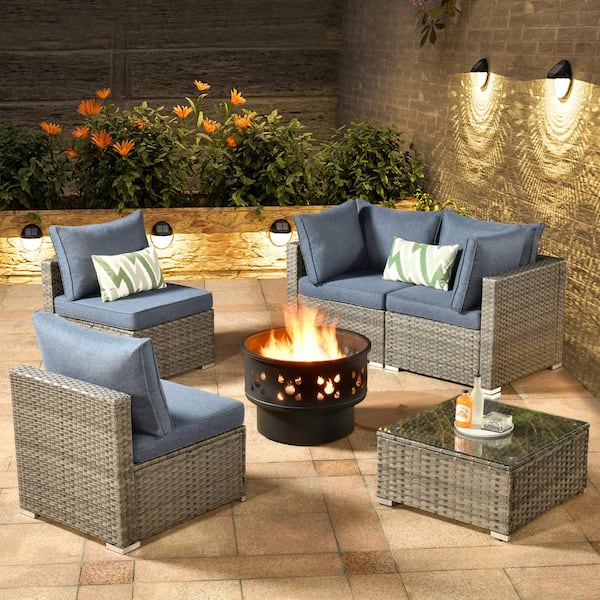 OVIOS Hippish Gray 6-Piece Wicker Patio Wood Burning Fire Pit Conversation Set with Denim Blue Cushions
