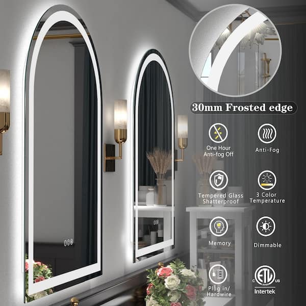 32 in. W x 42 in. H Arch Frameless Super Bright 192 LEDs/M Lighted Anti-Fog Tempered Glass Wall Bathroom Vanity Mirror