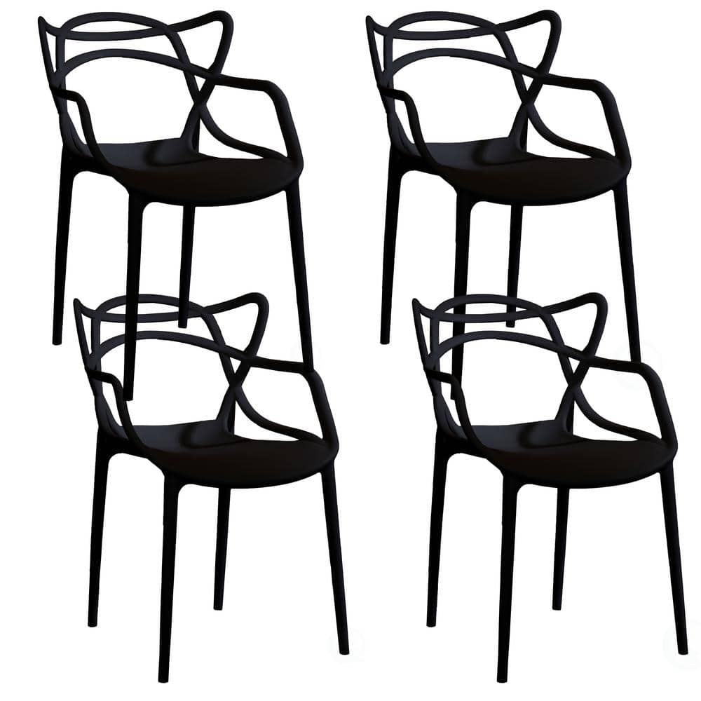FABULAXE Black Mid-Century Modern Style Stackable Plastic Molded Arm Chair  with Entangled Open Back ( (Set of 4) QI003750.BK.4 - The Home Depot