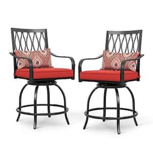 Swivel Metal Outdoor Bar Stool Balcony Patio Dining Chair Bar Height with Red Cushion (2-Pack)
