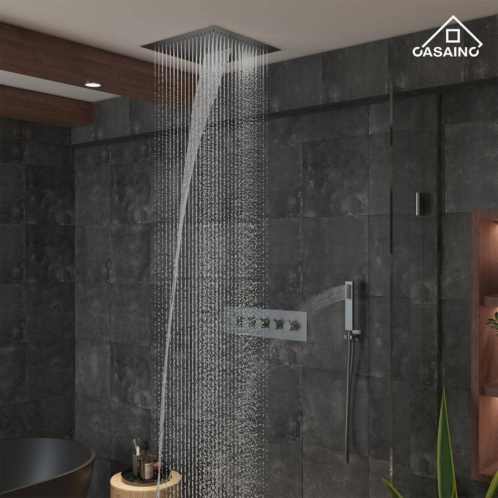 Brushed Nickel Dual Head LED Ceiling Mounted Rain Shower System
