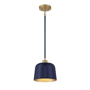9 in. W x 9 in. H 1-Light Navy Blue and Natural Brass Standard Pendant Light with Navy Blue Metal Shade