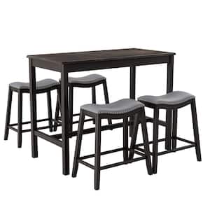 5-Piece Bar Table Set Counter Height Table & Upholstered Saddle Stools (Set for 4)