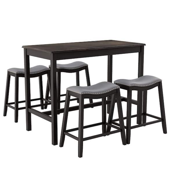 Gymax 5-Piece Bar Table Set Counter Height Table & Upholstered Saddle Stools (Set for 4)