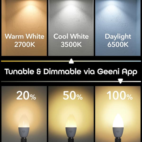 Geeni 40-Watt Equivalent Wi-Fi Smart B11 Edison Multicolor Tunable White LED Light Bulb(4-Pack)