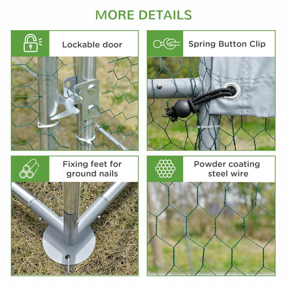 Large Silver Metal Walk-In Chicken Coop with UV-Resistant Cover