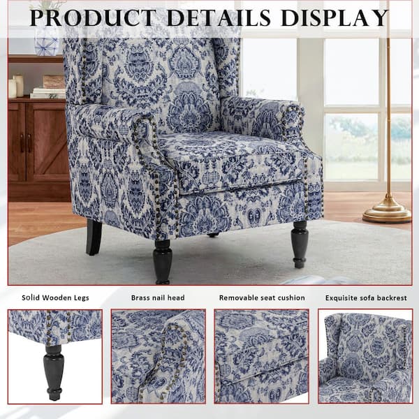 Uixe Retro Navy Blue Floral Pattern Linen Nailhead Trim