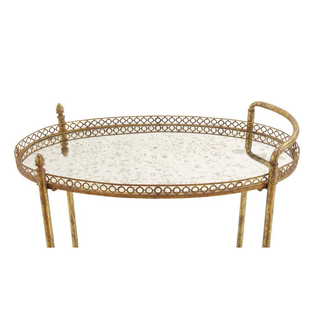 Gold Oval Iron Rolling Bar Cart with Glass Shelves