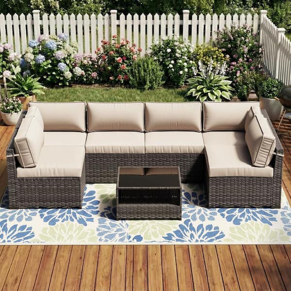 7-Piece Outdoor Wicker Patio Sectional Sofa Conversation Set with Beige Cushions