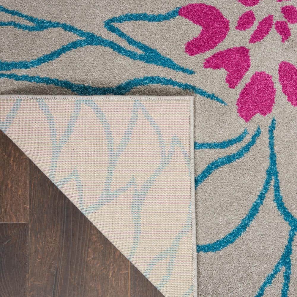 Gray and Pink Floral Synthetic 5' x 7' Area Rug